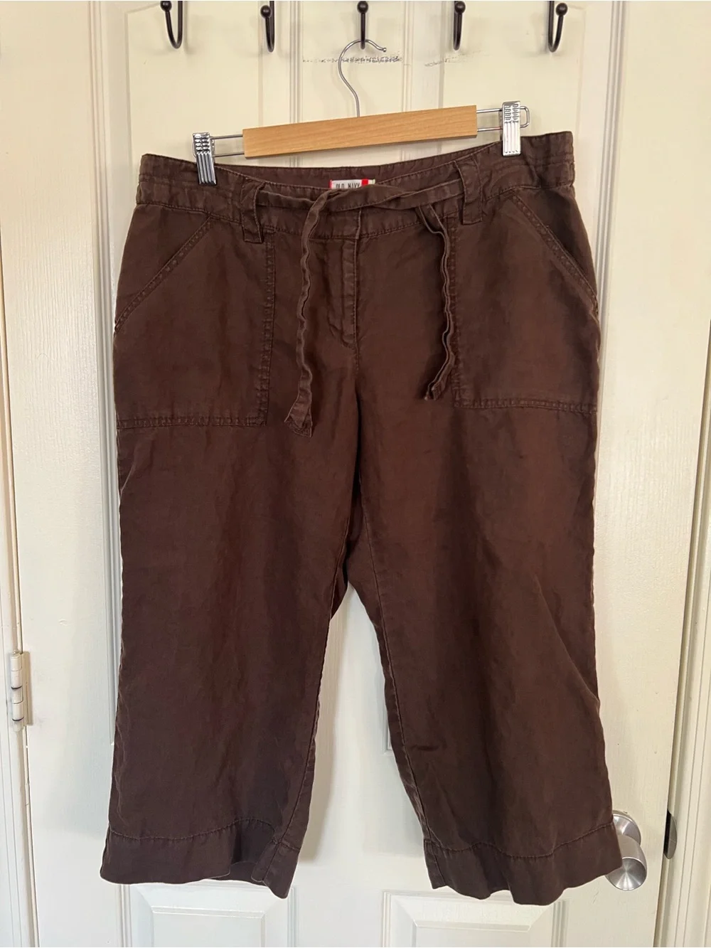 Old Navy 100% Linen Brown Utility Cargo Capri Pants Drawstring